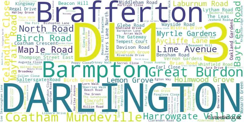 A word cloud for the DL1 3 postcode